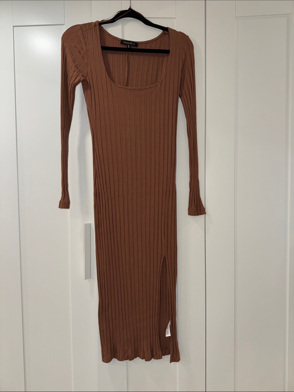 Dynamite Ribbed Scoop Neck Long Sleeve Midi Dress - Tan